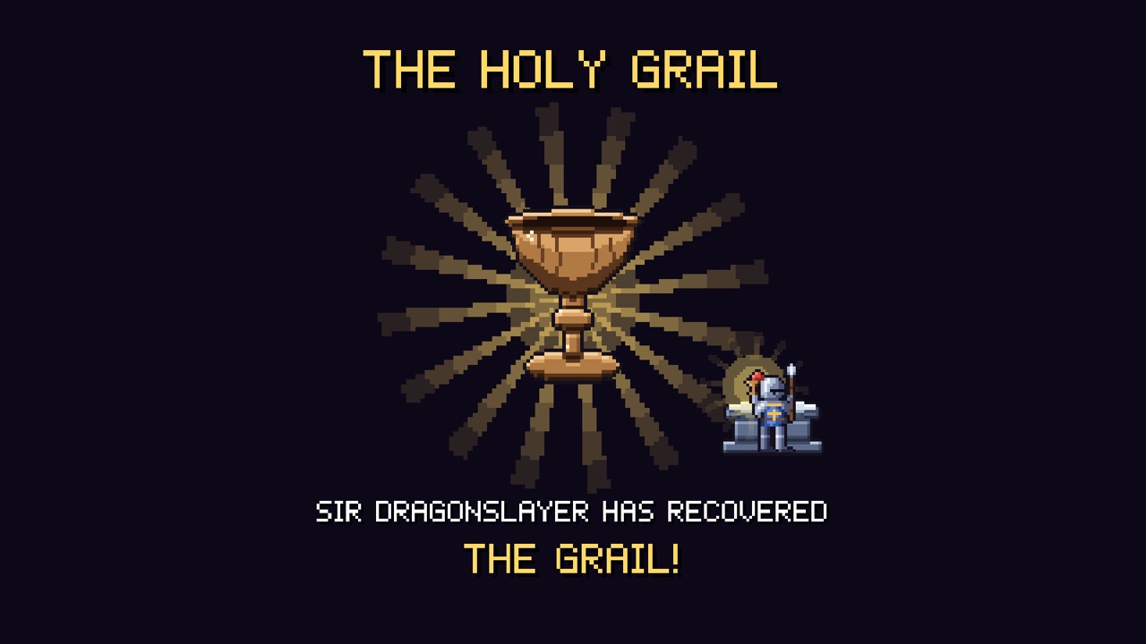 The Holy Grail glowing on a dark background beside Sir Dragonslayer.