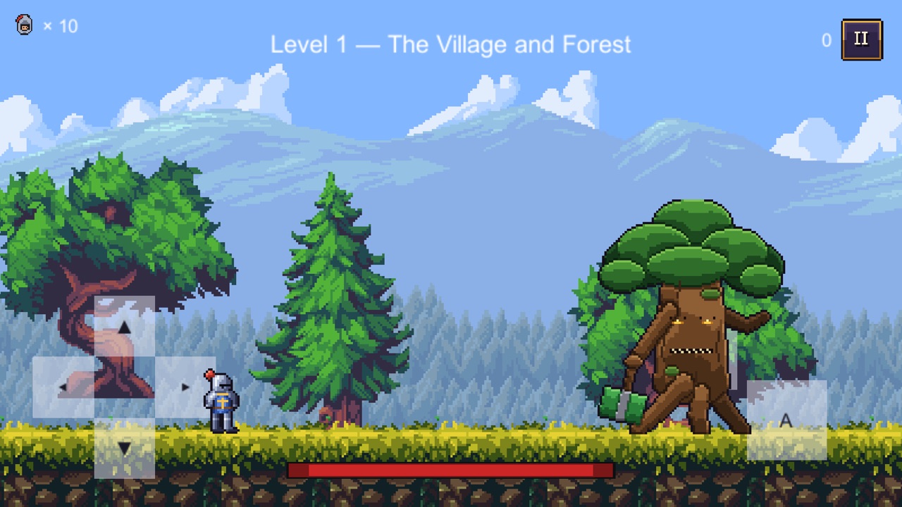 Sir Dragonslayer faces the Giant Tree Monster in the forest.
