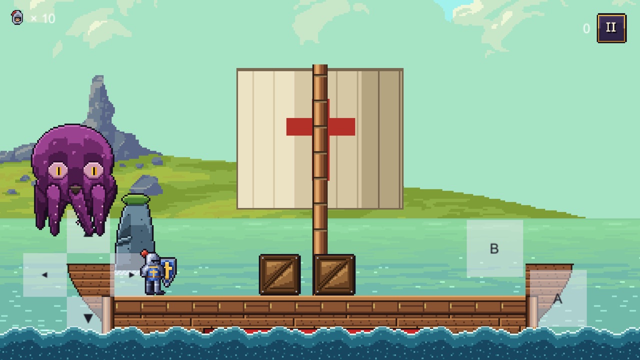 Level 2: the knight on a sailing ship as a purple Kraken rises from the sea.