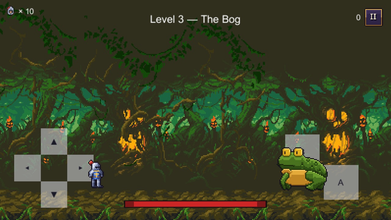 Level 3: the knight in a dark swamp facing a giant frog.