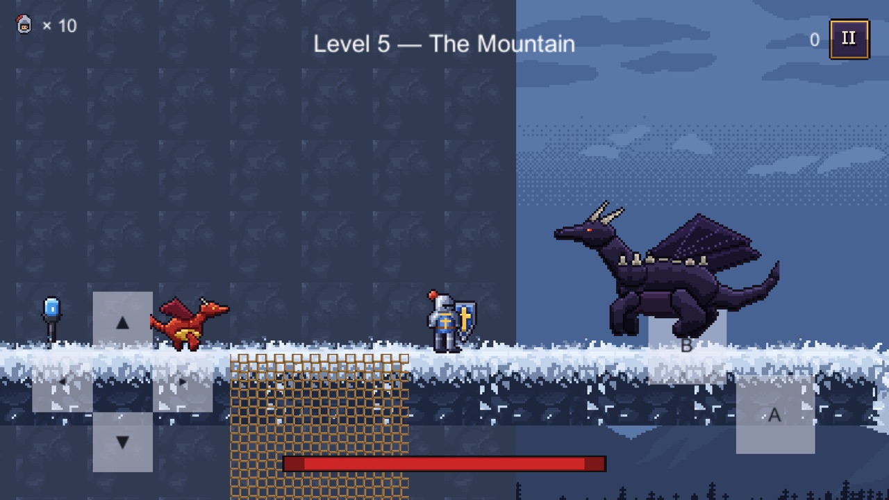 Level 5: the knight on a snowy mountain top facing a giant black dragon.