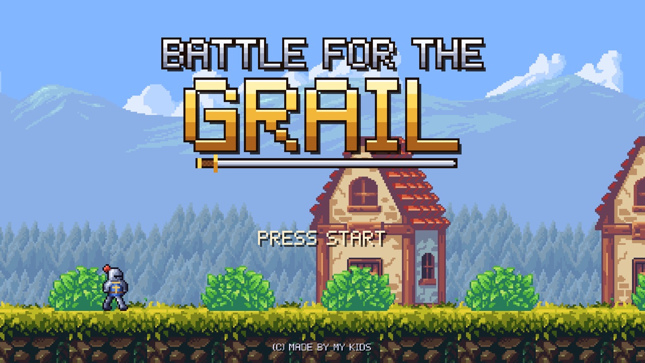 Battle for the Grail title screen: a knight in blue armor stands in a pixel-art village under a big golden logo.